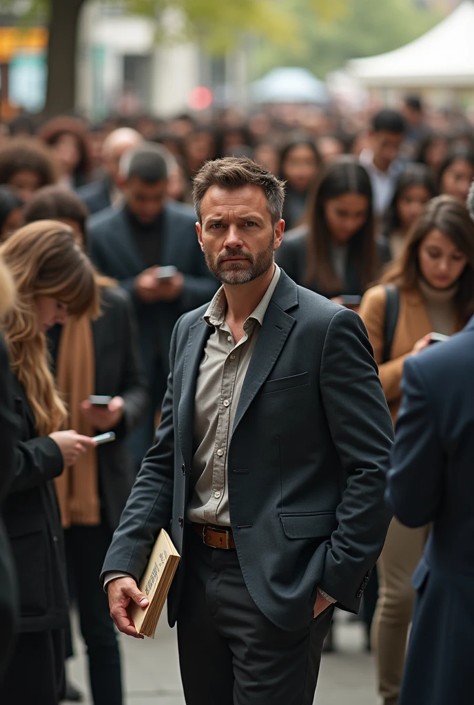 An authentic person, with a book in hand and a strong personality different from other people around him. These people are of different ethnicities but dressed the same and with cell phones in their hands..