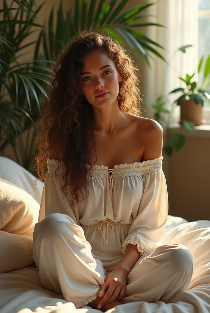 (photorealism:1.2), beautiful woman, sitting on bed, wearing loose off-shoulder top, pajama pants, long curly hair, indoors, soft lighting, plants in background, window with sunlight, cozy room, relaxed pose, realistic, intricate details, warm colors, by Greg Rutkowski, by Alphonse Mucha