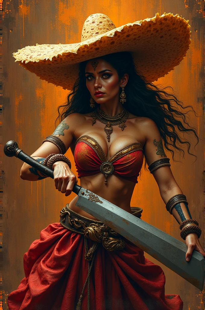 An angry tlayuda with a machete in her hand, but it looks rich and pretty