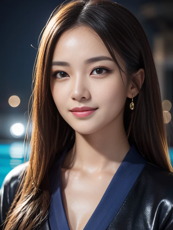 Latex bodysuit、Knee-high boots、Huge 、Long brown hair、Shiny, Oily skin、Glowing Skin、Indoor competition pool、White skin、Beautiful woman in kimono,Body Portrait、8k,Beautiful and beautiful eyes,Dindal effect、masterpiece, 最high quality, high quality, High resolution、Very detailed photos、(Natural skin texture、Fine skin、Hyperrealism、Ultra Sharpness)、Skin with attention to detail、(Very detailed、Fine skin texture、Intricate details、Beautiful Face、(A vivid face)、Realistic eyes、Beautiful and detailed、Realistic Skin、Beautiful Skin、Surreal、Very detailed、Golden Ratio、With a smile、((Night moonlight background))、Body Portrait、Shinyボディスーツ