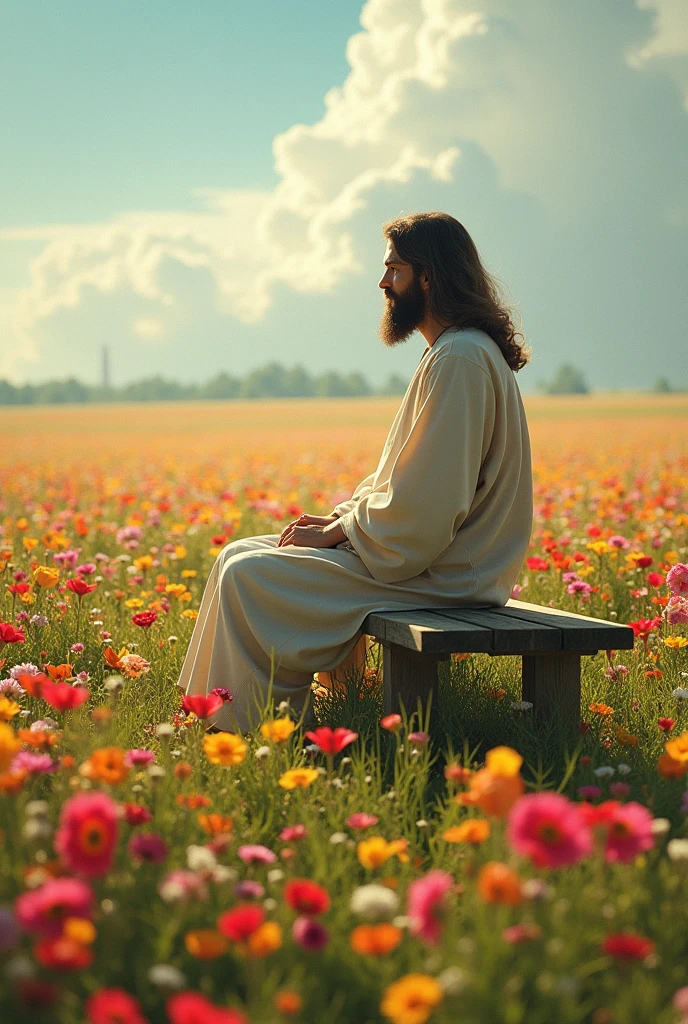 Jesus Christ sitting on a flipper bench, in a big field with all the flowers