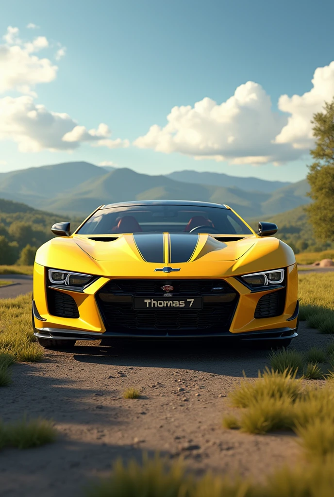 A panel A yellow Camaro car from the front in a landscape In drawing, on the car plate write Thomas 7