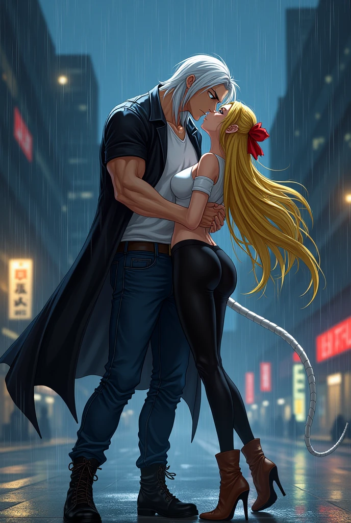man,long straight white hair,Red eyes,semi muscular,White T-shirt,long black jacket,dark blue jean pants,black boots,white monkey tail,next to a woman with a seductive body,long yellow hair tied with a red ribbon,sky blue eyes,white short sleeveless shirt,black pants stuck to his legs,brown boots kissing passionately in a city in Japan at night in the rain(dragon ball style)