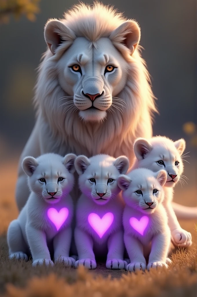 Lioness and five white lion cubs with purple hearts 