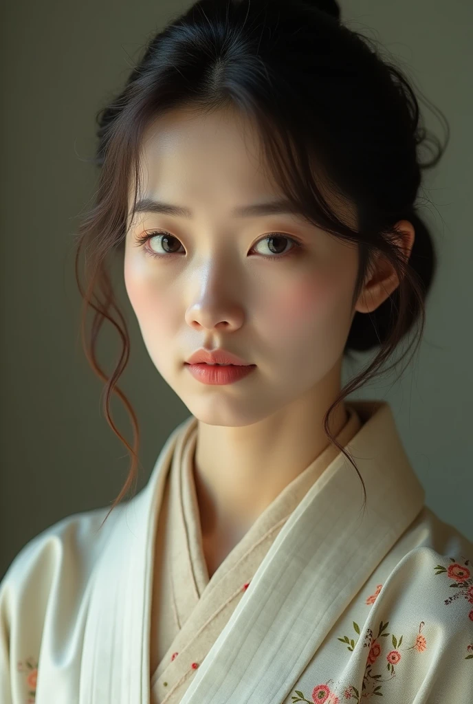 An elegantly dressed Japanese woman in natural light、A close-up of her chest and calm expression.、It shows her inner peace and outer charm.。