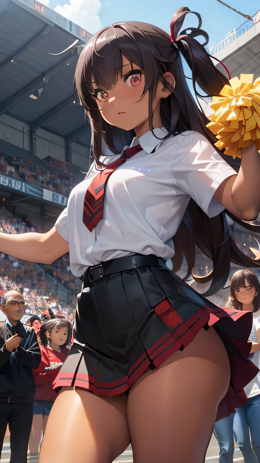 (Very detailed CG Unity 8k 壁紙),(masterpiece), (Highest quality), (Very detailed), (Best illustrations),(Best Shadow), Large Breasts、1 girl, Cheerleader、Cute Cheerleading Costumes、cheer mini skirt、Raise your feet and dance energetically、Stadium、Large crowd