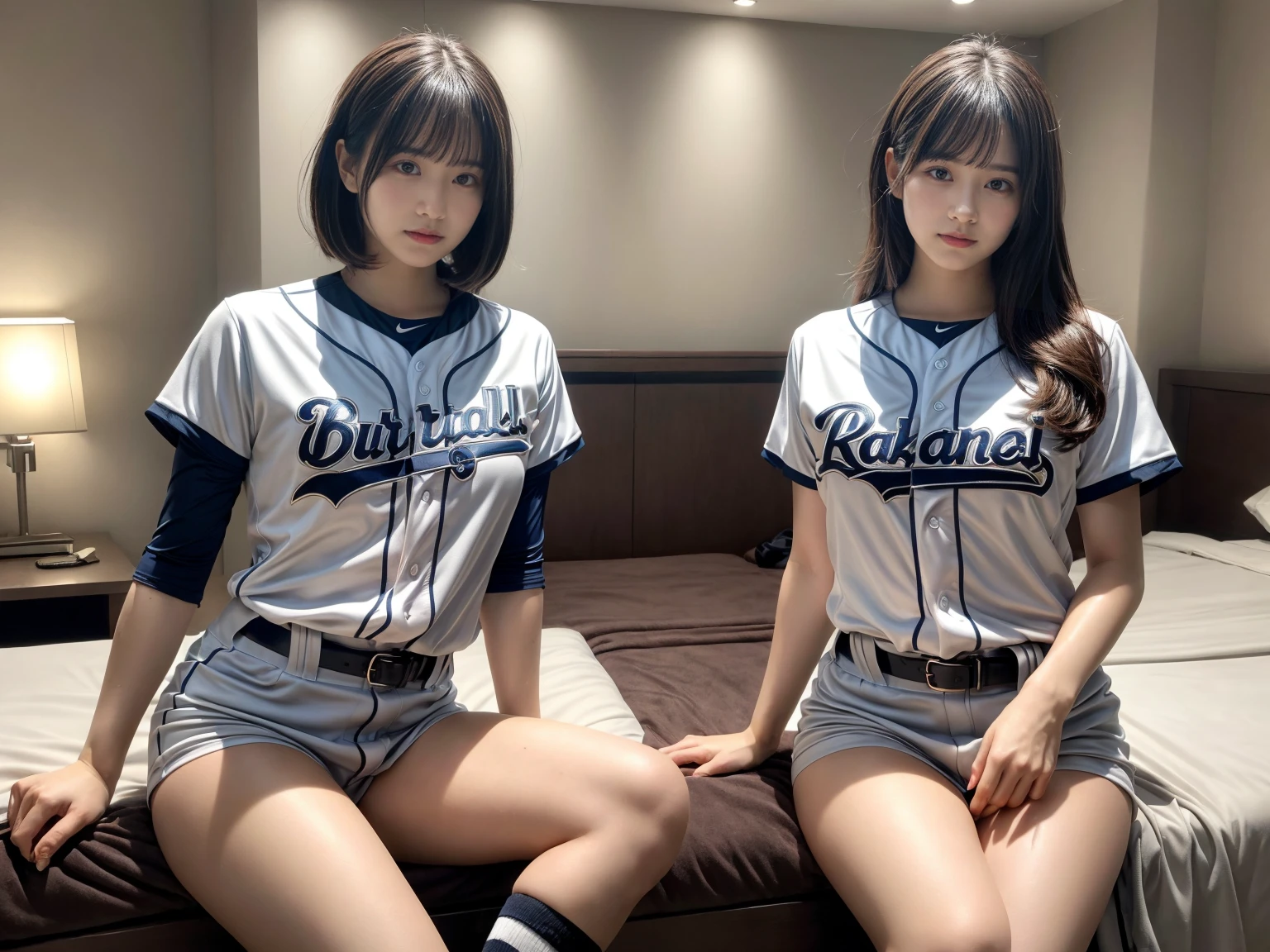 masterpiece, best quality, illustration, Super detailed, fine details, High resolution, 8K,wall paper, perfect dynamic composition,(Details High quality, realistic depiction of eyes:1.3), (2 girls), ((Baseball Uniforms), a miniskirt, Toned buttocks), sitting, open legs, short bob hair, in a hotel room in the background, deep on field, large breasts, black hair color, Big Natural Color Lip, (perfect body shape), crying a little、Harajuku style、20 year old girl、cute type、beautiful legs, Gravure Idol