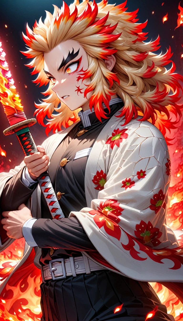 Super detailed, High resolution, Absurd, High resolution, masterpiece, Rengoku Kyojuro, Blonde, Expressive golden eyes, White Haori with a Flame Pattern, Black Demon Slayer uniform, Kimetsu no Yaiba, Fantasy, petal, Red flower, good looking, sexy man Grabbing a sword, alone, magic, shining red fireflies, Red Moon, Highest quality, Highly detailed face and eyes, fire, Grabbing a sword, (meme:1.9)