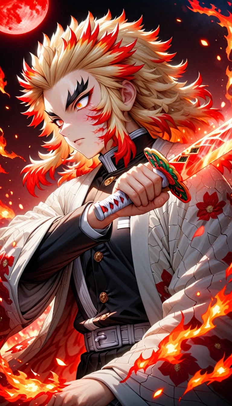 Super detailed, High resolution, Absurd, High resolution, masterpiece, Rengoku Kyojuro, Blonde, Expressive golden eyes, White Haori with a Flame Pattern, Black Demon Slayer uniform, Kimetsu no Yaiba, Fantasy, petal, Red flower, good looking, sexy man Grabbing a sword, alone, magic, shining red fireflies, Red Moon, Highest quality, Highly detailed face and eyes, fire, Grabbing a sword, (meme:1.9)