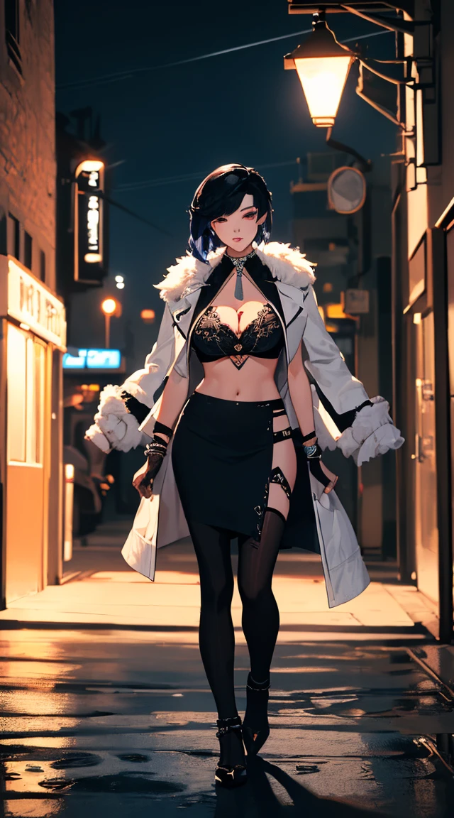 ((masterpiece)),(bestquality),((ultra-detailed)), ((beautiful detailed sky)), ((cinematic lighting)), depth of field,(full body:1.5), (dynamic angle),detailed lighting,(beautiful detailed eyes), ((night city view)),red lip, eyeshadow,large breast, ((sexy)), cleavage, navel, yelanrnd