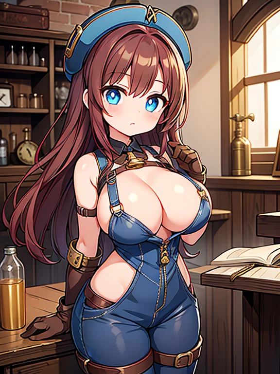 Cute girl, Steampunk style attire, Deep Blue eyes, Long Lush Dark Red Hair, Curvy, Short figure, big chest, wearing Brass Goggles on her head, worn Off-White Undershirt, and Worn brown overalls, Heavy duty Boots, and Brown Leather gloves, working inside her steampunk workshop,