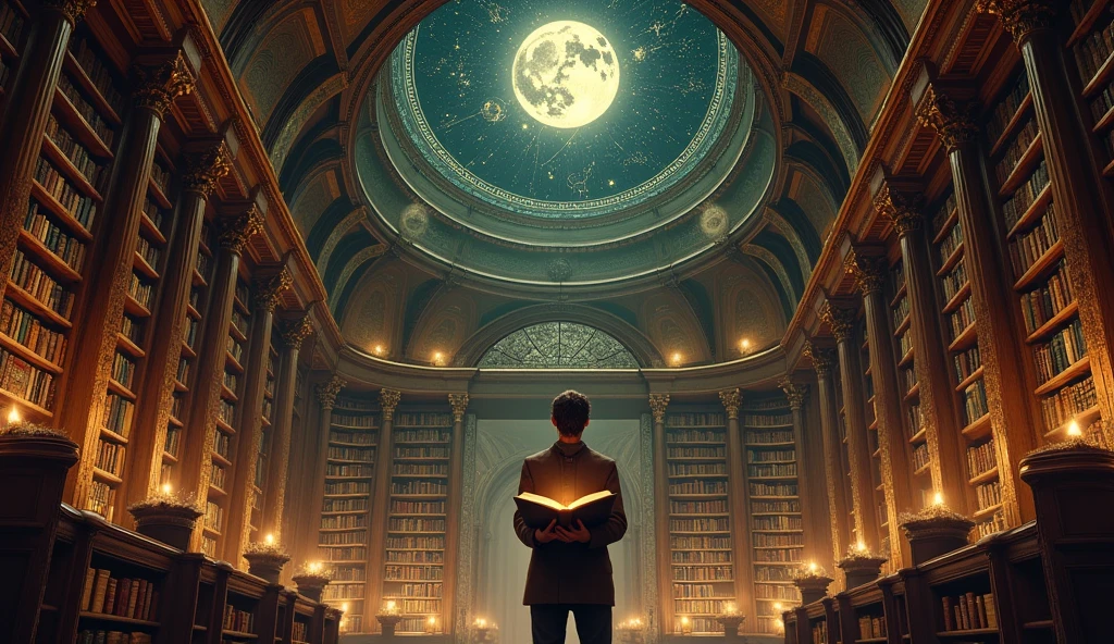 A curious figure in an ancient, grand library filled with towering bookshelves and celestial globes. The seeker is holding a book, with pages glowing, and gazing up at the ceiling painted with zodiac symbols and constellations. The scene is rich with an atmosphere of wisdom and endless curiosity. -ar 16:9