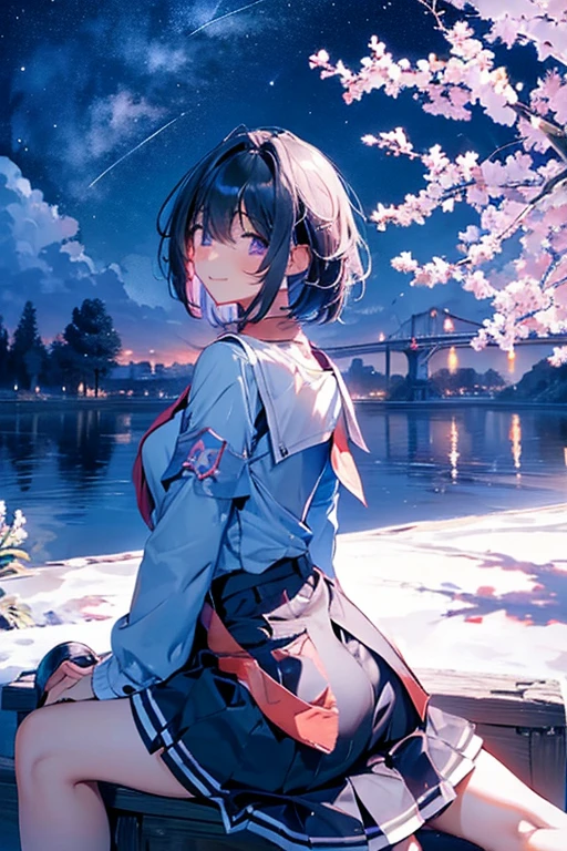  best quality, 1girl, solo, (osanai yuki), __posture__, short hair, black hair, bob cut, bangs, purple eyes, school uniform, red neckerchief, neckerchief, serafuku, sailor collar, socks, black skirt, skirt, long sleeves, pleated skirt, sweater, black socks, sleeves past wrists, black sailor collar, loafers, small breasts, breasts, cowboy shot, __looking__, __expression__, __background__. __posture__：standing\nstanding\n(contrapposto:1.1)\n(contrapposto:1.2)\n(sitting:1.1)\n(sitting:1.2) __looking__：looking_at_viewer\nlooking_at_viewer\nlooking_at_viewer\nlooking_at_viewer\nlooking_back __expression__：smile/nsmile/nsmile/nsmile, open_mouth/nsmile, closed_eyes/nopen_mouth/nshy/nlaughing/nangry/nevil/nlonely/ncrying __background__：outdoors, starry sky, night sky, sunset\nnight, night sky, cloudy sky, meteor, planet, cloud, star (sky), (starry sky:1.2)\n(outdoors), day, blue sky, cloud, nature, tree\noutdoors, day, blue sky, cloud, water\noutdoors, day, grass\ncherry blossoms, tree, outdoors, shooting star, petals, cloud\noutdoors, city, cityscape, scenery, building 