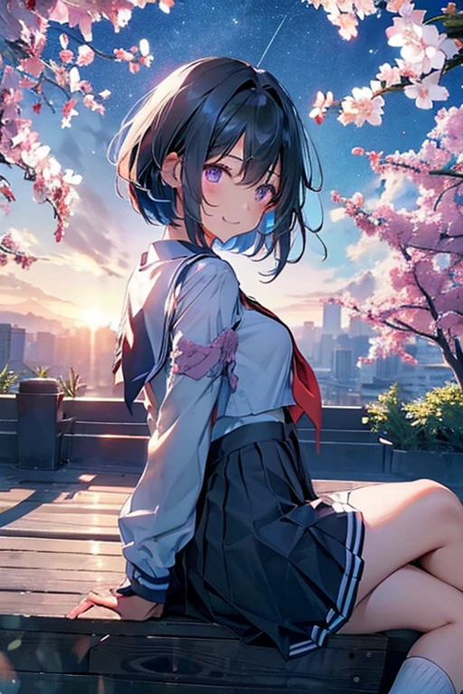  best quality, 1girl, solo, (osanai yuki), __posture__, short hair, black hair, bob cut, bangs, purple eyes, school uniform, red neckerchief, neckerchief, serafuku, sailor collar, socks, black skirt, skirt, long sleeves, pleated skirt, sweater, black socks, sleeves past wrists, black sailor collar, loafers, small breasts, breasts, cowboy shot, __looking__, __expression__, __background__. __posture__：standing\nstanding\n(contrapposto:1.1)\n(contrapposto:1.2)\n(sitting:1.1)\n(sitting:1.2) __looking__：looking_at_viewer\nlooking_at_viewer\nlooking_at_viewer\nlooking_at_viewer\nlooking_back __expression__：smile/nsmile/nsmile/nsmile, open_mouth/nsmile, closed_eyes/nopen_mouth/nshy/nlaughing/nangry/nevil/nlonely/ncrying __background__：outdoors, starry sky, night sky, sunset\nnight, night sky, cloudy sky, meteor, planet, cloud, star (sky), (starry sky:1.2)\n(outdoors), day, blue sky, cloud, nature, tree\noutdoors, day, blue sky, cloud, water\noutdoors, day, grass\ncherry blossoms, tree, outdoors, shooting star, petals, cloud\noutdoors, city, cityscape, scenery, building 