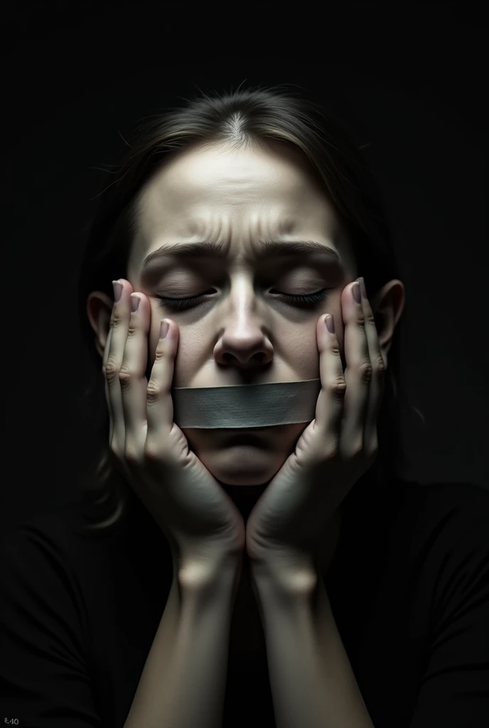 A face with the mouth sealed with tape and ears that are covered with hands and eyes closed 