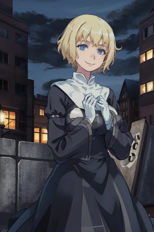 Solo, 1girl, orsolaAquinas, smile, short hair, blue eyes, blond hair, long sleeves, black dress, long skirt, medium breasts, white gloves, nun, habit, Masterpiece, Best Quality, outside, city