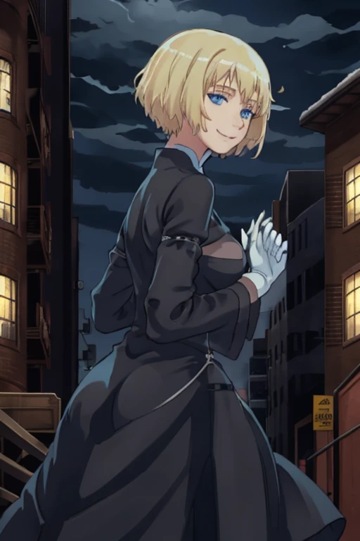 Solo, 1girl, orsolaAquinas, smile, short hair, blue eyes, blond hair, long sleeves, black dress, long skirt, medium breasts, white gloves, nun, habit, Masterpiece, Best Quality, outside, city