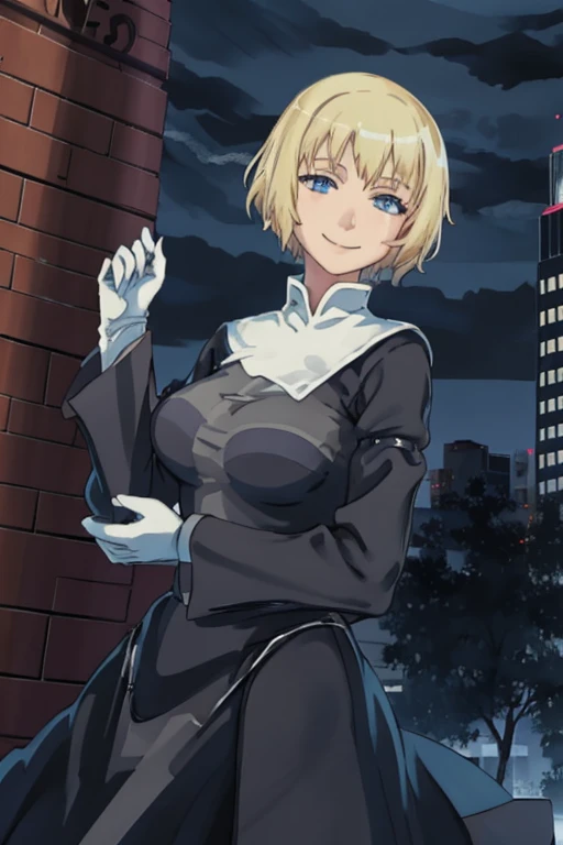 Solo, 1girl, orsolaAquinas, smile, short hair, blue eyes, blond hair, long sleeves, black dress, long skirt, medium breasts, white gloves, nun, habit, Masterpiece, Best Quality, outside, city