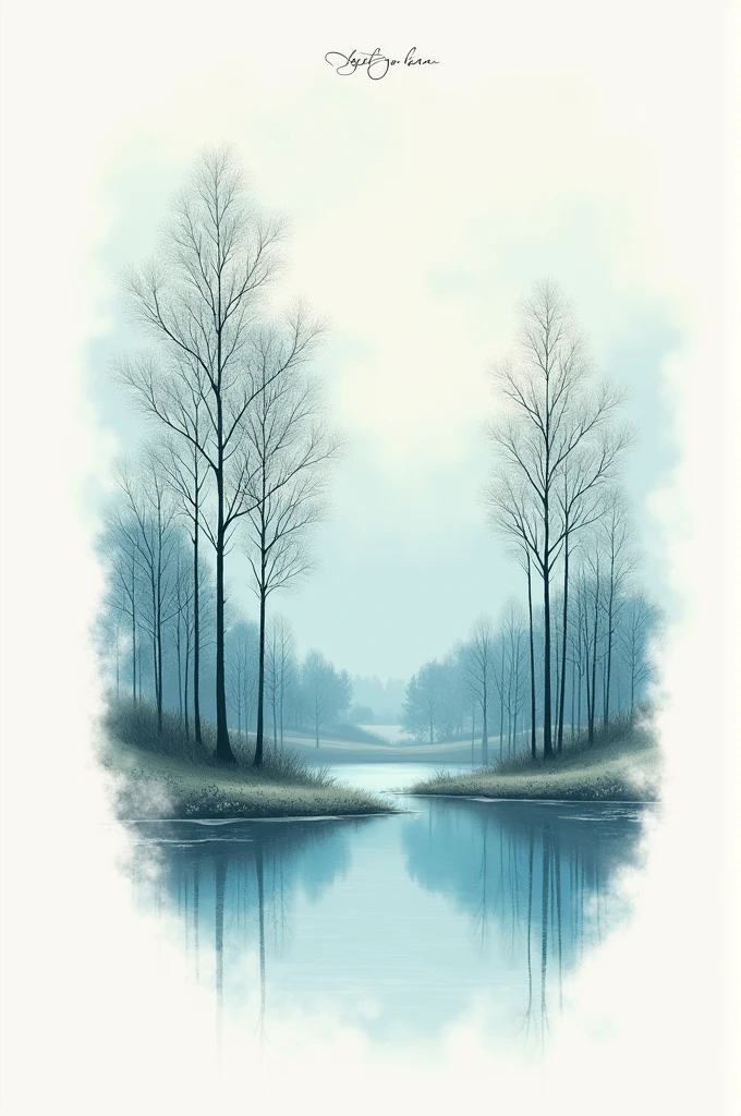 Create a 5cm tattoo of a poplar forest, sky and water
