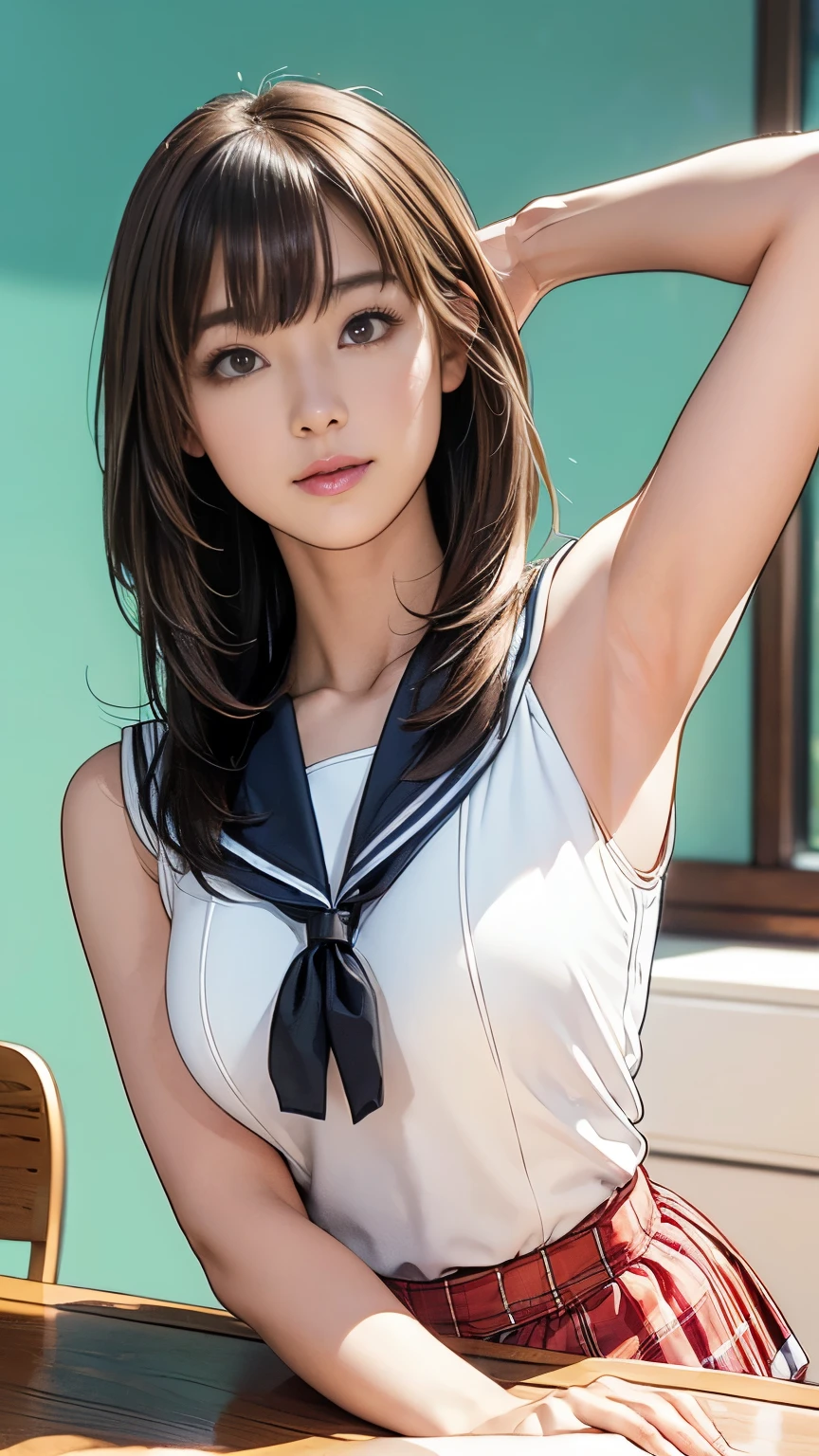 Highly detailed CG Unity 8k wallpaper, Very delicate and beautiful, Astonishing, Finely, Official Art, absurd, incredibly absurd,  Very detailed,The light shines on your face,Looking at the audience, (perfect woman image), Slimウエスト, Full-body Esbian,  Everlasting, ((Sailor Suit, Plaid skirt, Collared shirt, abdomen, Undress, sleeveless tops)), bare arm, Bangs, (best quality, 4K, on the table: 1.3), Beautiful Japanese Araphi woman、1５age、Surrealism, 1 girl,Very rich facial details,Lip detail, Squinting,Double eyelids, (Beautiful and delicate lips),Sexy face、Light brown hair、Medium-length hair、(Seductive figure: 1.2), (Thin waist:1.1)、Flowing long hair、((Solitary))、 Half-smile, Colored background, Looking at the audience,big breasts Thin waist,Movie Lighting, ((15ageの女の子, Slim, Thin waist, Thin thighs, Thin arms)), ((Raise your arms, Show your armpits))
