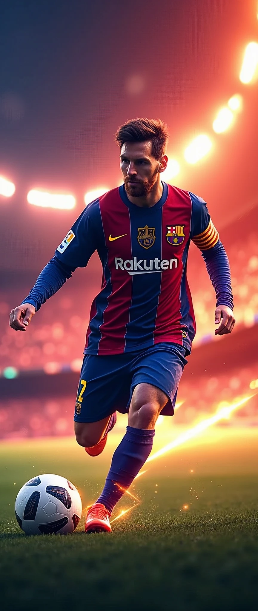 masterpiece,Highest quality,(Ultra-high definition CG Unity 8K wallpaper),(Highest quality),(Best illustrations),(Best Shadow),Physical Rendering,Realistic lighting,Beautiful sparkle,(1 male:2.0),(soccer player,Lionel Messi),(FC Barcelona uniforms:2.0),(High Speed Dribble),(front),(whole body),(Serious),(Detailed hands),(Expressing a sense of speed:2.0),(The background shows the light trails left by the athletes.:2.0),(dynamic)