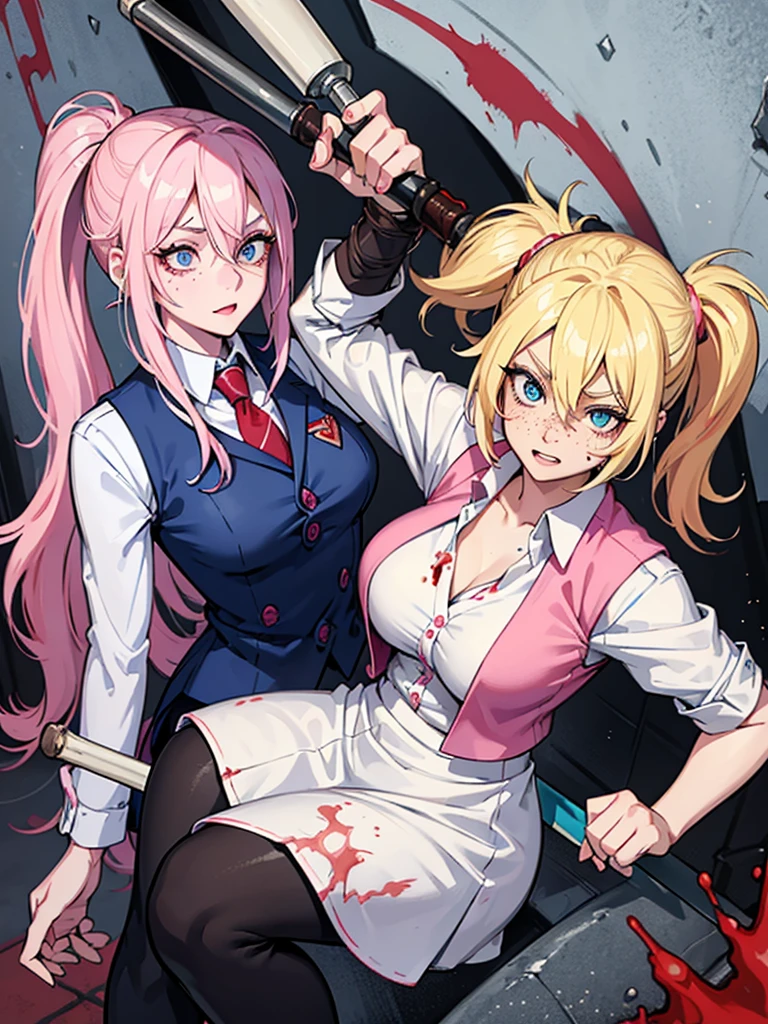 Cartoon style A blonde with two pink streaks on the side Blue eyes, white skin and freckles on the face. 
social clothes (Red vest with dress shirt and dress pants underneath)
Pretty With a Baseball Bat in Her Hand. She is covered in blood and has an evil look in her eyes, she is injured and has just killed a zombie made entirely of blood.

