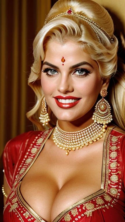 Anna Nicole Smith wearing sexy traditional indian clothes with lipstick and smiling