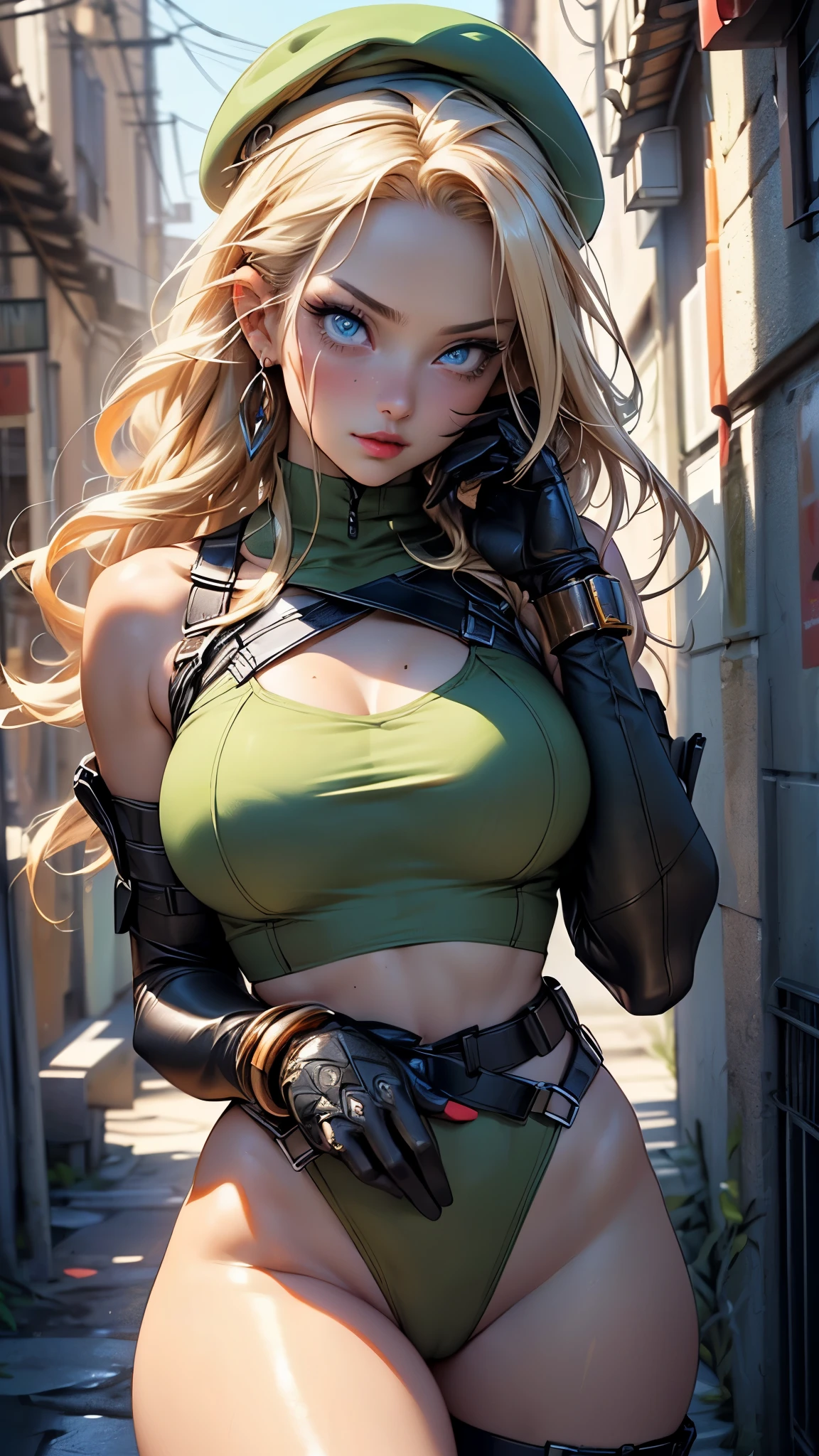 ((cammy white)),((Cammy from street fighter series)),1girl,

(huge breasts:1.4),((((twin braids, long hair, blonde hair, antenna hair,long blonde twin braids hairstyle)))),(((blue_eyes:1.3))),intricate eyes,beautiful detailed eyes,symmetrical eyes,((((lustrous skin:1.5,tanned skin,bright skin: 1.5,skin tanned,shiny skin,very shiny skin,shiny body,Reflective skin)))),(bimbo,spider lower abdomen,narrow waist,wide hip,athletic body,inflated legs,thick thighs,(detailed face)),beautiful detailed lips,(((scar on cheek))),(perfect slim body),

cute,slutty,sensual,seductive look,seductive,((erotic)),opulent,sumptuous,((nsfw)),

(beret, red beret,red headwear:1.3), (green leotard, sleeveless,wears green leotard,), (red gloves, fingerless gloves,red gauntlets), (camouflage, (thick thighs)),(dark eyeshadows makeup,bright red lips),(chest harness, thigh holster),

(flirtatious pose:1.3), looking at viewer,embarrassed,centered,scale to fit dimensions,Rule of thirds,

indoor((Nazi bunker,room, dark bunker, swastika,depths of a steampunk bunker)),scenery:1.25,((intricate scenery)),

(Glossy steampunk ornaments),highres,sharp focus,(ultra detailed,extremely detailed),(photorealistic artwork:1.37),(extremely detailed CG unity 8k wallpaper),(((vibrant colors,vibrant theme))),(intricate),(masterpiece),(best quality),artistic photography,(photography taken by sldr),(intricate background),perfect rendered face,perfect face details,realistic face,photo realistic,((intricate detail)),(((realism))),
