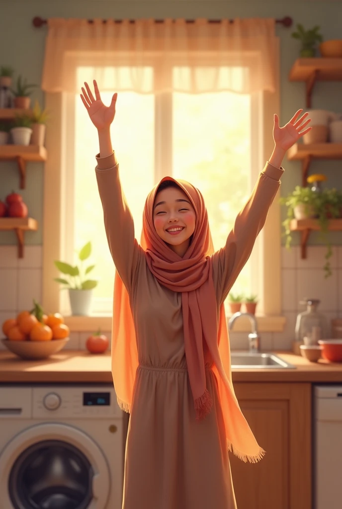 A beautiful girl wearing a hijab says good morning and cheers in the kitchen and there is a washing machine