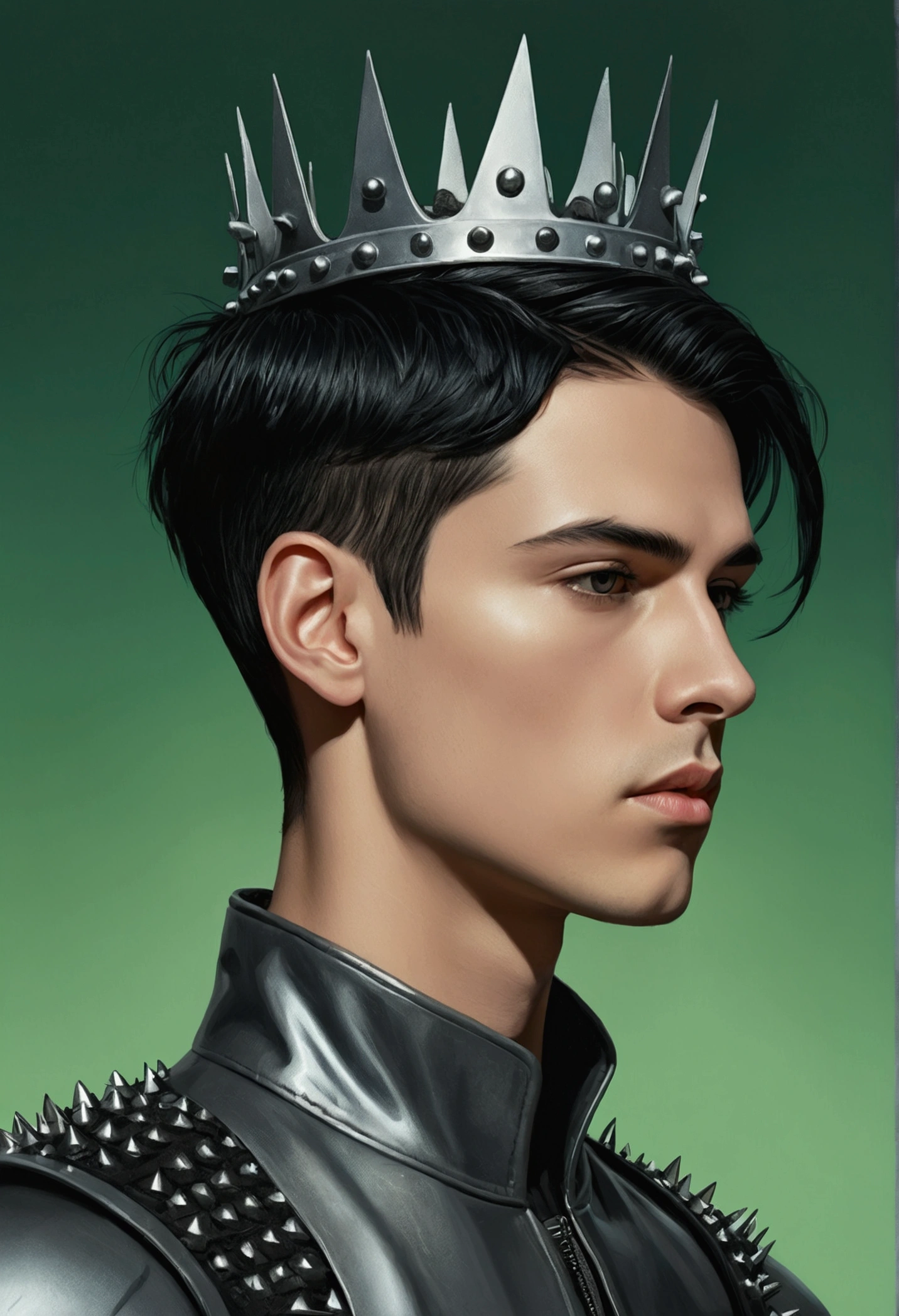 Realistic drawing of the profile view of an androgynous young man with short black hair wearing grey futuristic . He wears a crown made of dark metal spikes that is tall on his head against a green background