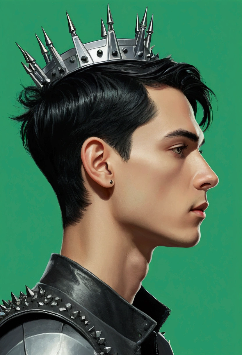 Realistic drawing of the profile view of an androgynous young man with short black hair wearing grey futuristic . He wears a crown made of dark metal spikes that is tall on his head against a green background