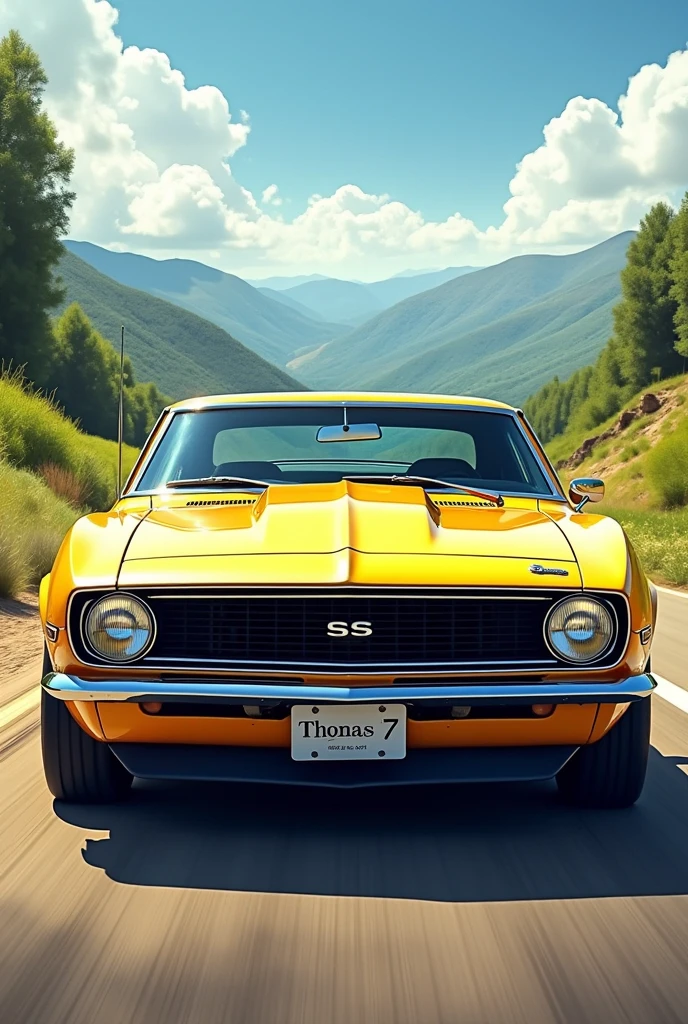 A panel A yellow Camaro car from the front in a landscape In drawing, on the car plate write Thomas 7
