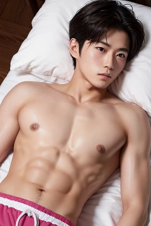 man, topless, japanese, 20 years old, trunks, lie on back, sweat, blush