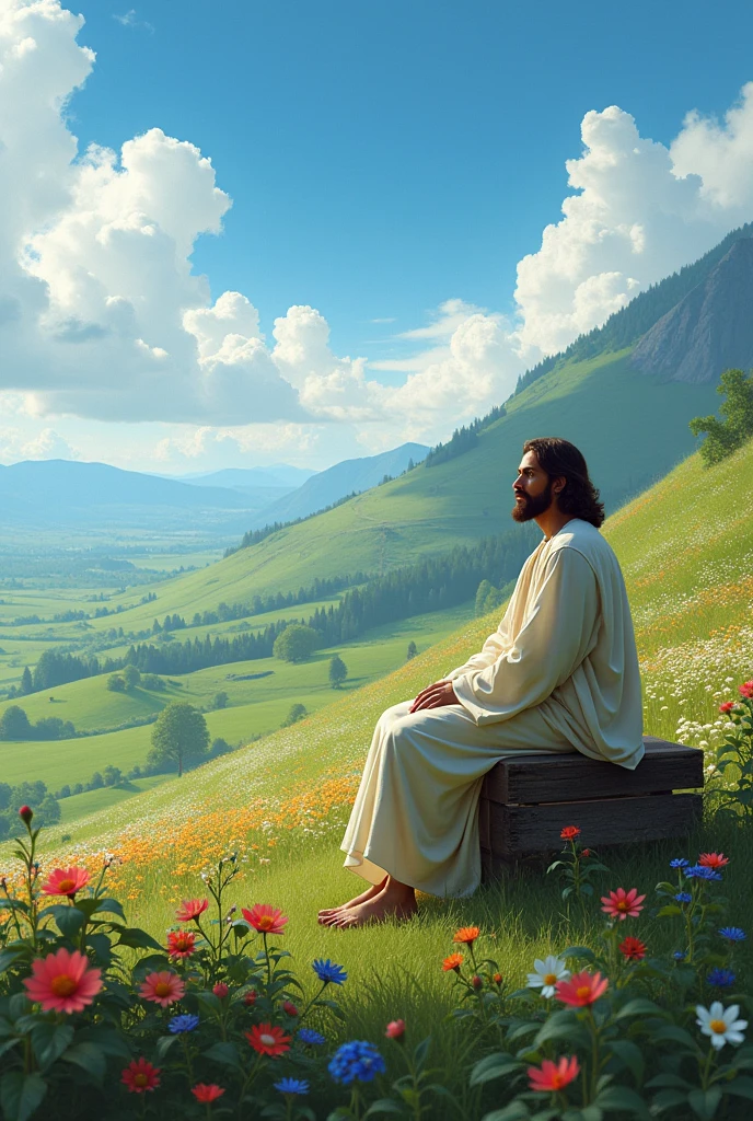Jesus Christ sitting on a flipper bench, in a big field with all the flowers on top of the hill