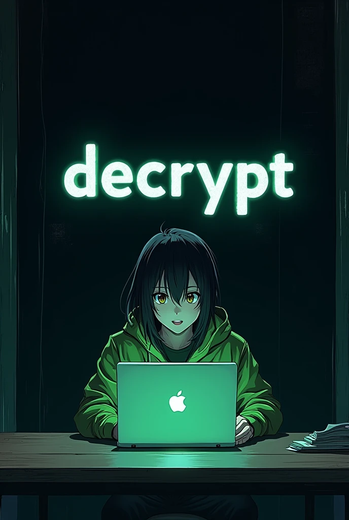 A person using a laptop wearing green jacket pic from the front behind him is a black wall on which decrypt is written and person is anime looking at the laptop
