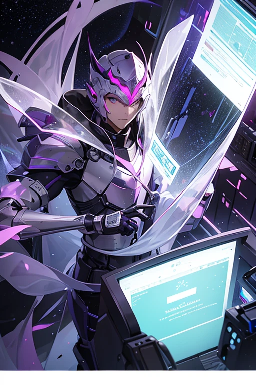 Knight in purple transparent armor, plastic chart, defined design. With extreme brightness.