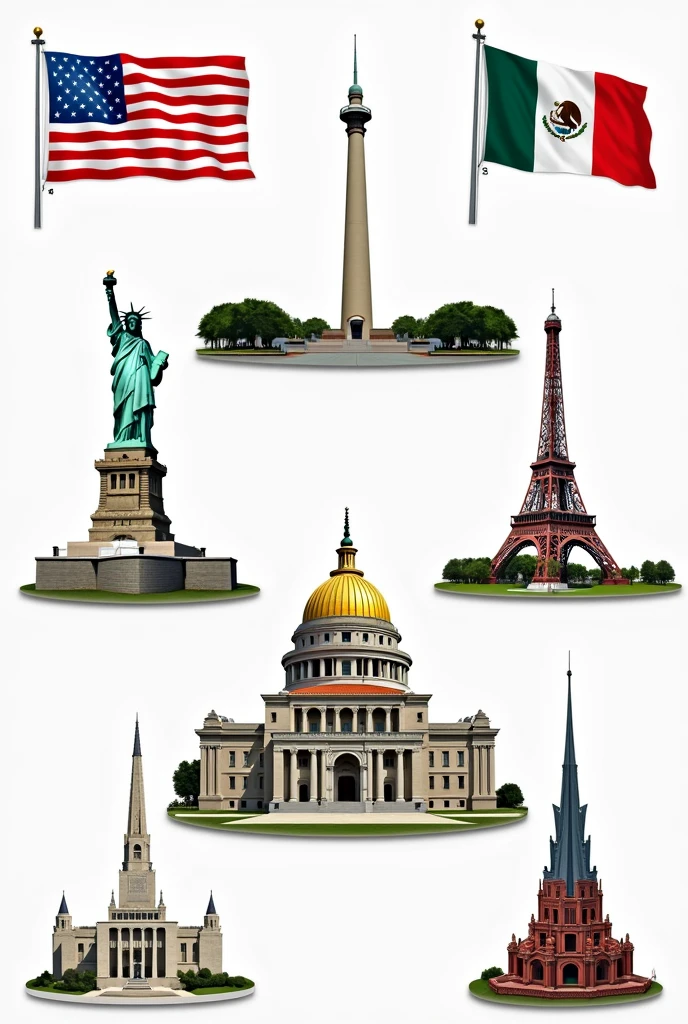 Give me a poster to teach countries in English with US flags, Mexico, Honduras, Japan, colombia, Canada , China and monuments representing each country along with the flags