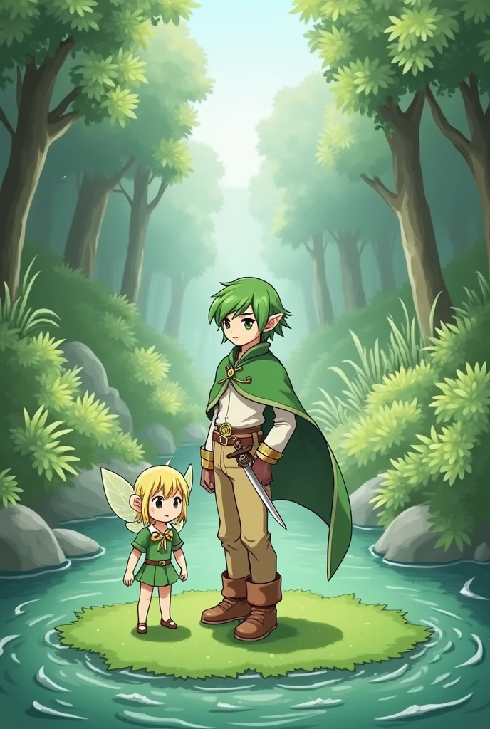 Riku: 16 years old〜18-year-old、Short green hair、Green Cape（Button in the center）、Off-white clothing、Brown trousers（The hem is not rolled up）、Brown boots、right handed、The sword is sheathed at the waist。
Fio: A small, cute human-shaped fairy、Shining gold。
シーンの描写
RikuとFioが精霊の泉に辿り着き、Fioが金色の光を放ちながらRikuの前に浮かんでいる様子。Rikuは泉を背景に立っており、Fioに向かって穏やかな表情で見つめています。Rikuは右足を前に出して歩くようなポーズで描かれています。In the background、There is a spring with a mysterious atmosphere.、The surrounding area is surrounded by lush nature.。