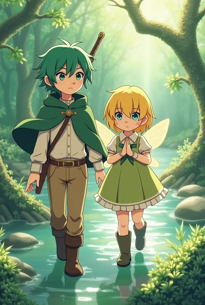 Riku: 〜18-year-old、Short green hair、Green Cape(Button in thnter)、Off-white clothing、Brown trousers(The hem is not rolled up)、Brown boots、right handed、The sword is sheathed at the waist。
Fio: A small, cute human-shaped fairy、Shining gold。
シーンの描写
RikuとFioが精霊の泉に辿り着き、Fioが金色の光を放ちながらRikuの前に浮かんでいる様子。Rikuは泉を背景に立っており、Fioに向かって穏やかな表情で見つめています。Rikuは右足を前に出して歩くようなポーズで描かれています。In the background、There is a spring with a mysterious atmosphere.、The surrounding area is surrounded by lush nature.。
