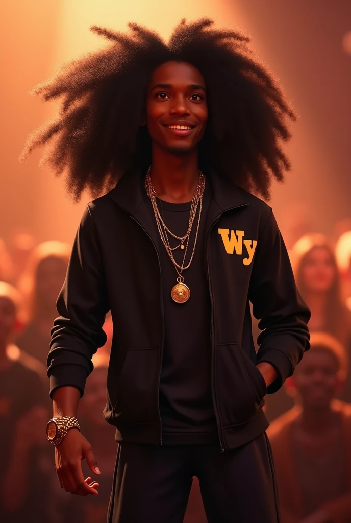 Disney Pixar (YOUNG BLACK MAN WITH LONG, CURLY BLACK HAIR) He is performing in a big show with a big crowd, in a black sports jacket with Wy Strong Sil writing, Wide black pants, black sneakers, many gold threads around the neck, gold watch on wrist, ( It doesn't change the appearance of the face and the hair is already perfect) pixar, cool and stylish