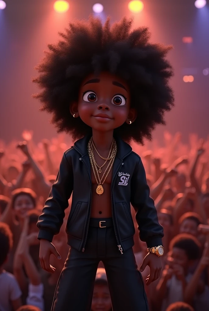 Disney Pixar (YOUNG BLACK MAN WITH LONG, CURLY BLACK HAIR) He is performing in a big show with a big crowd, in a black sports jacket with Wy Strong Sil writing, Wide black pants, black sneakers, many gold threads around the neck, gold watch on wrist, ( It doesn't change the appearance of the face and the hair is already perfect) pixar, cool and stylish