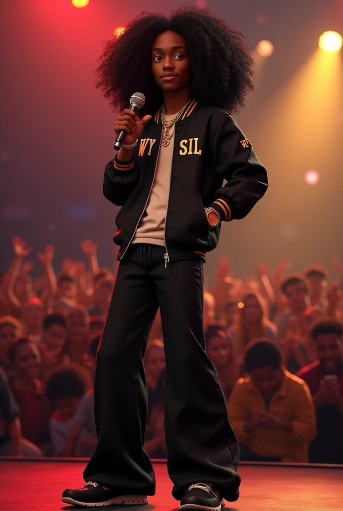 Disney Pixar (YOUNG BLACK MAN WITH LONG, CURLY BLACK HAIR) He is performing in a big show with a big crowd, in a black sports jacket with Wy Strong Sil writing, Wide black pants, black sneakers, many gold threads around the neck, gold watch on wrist,  ( It doesn&#39;t change the appearance of the face and the hair is already perfect) pixar, cool and stylish