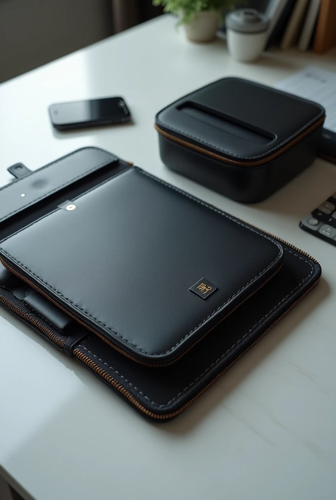 A thick black leather portfolio, with a tablet and a printer.