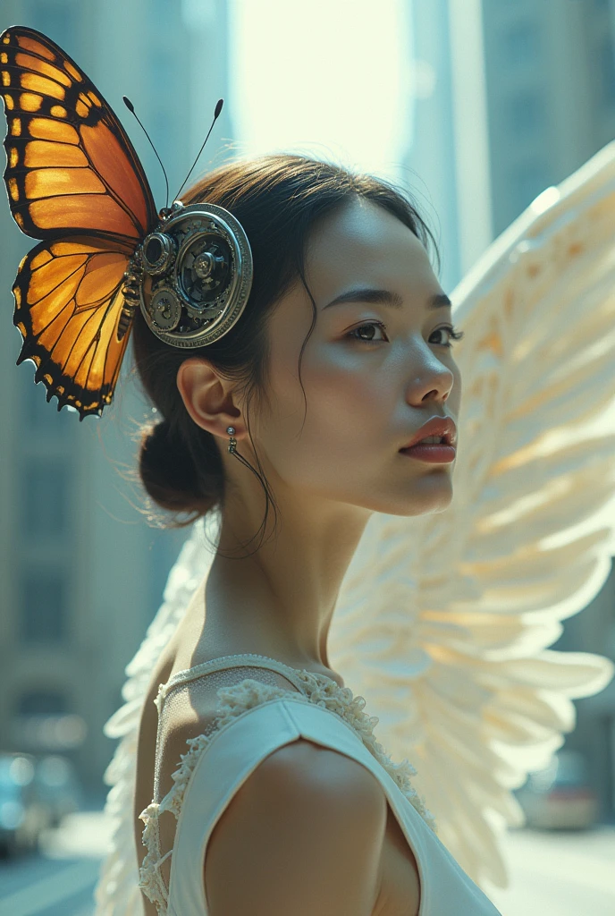 editorial photography,super detailed background,Super realistic,double exposure,depth of field,beauty skinny young mechanical angel vibes,soft focus white tone,narrative scene,open lips,bright swallowtail butterfly huge wings,from directly below,Futuristic decadent cyberpunk urban,Scattered scales,at midnight,Fascinating,Seductive,fantastic,