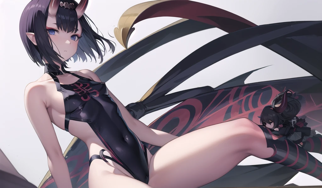 Black short-haired girl with doll head and flat chest，Demon horn，swimsuit，thigh，Standing