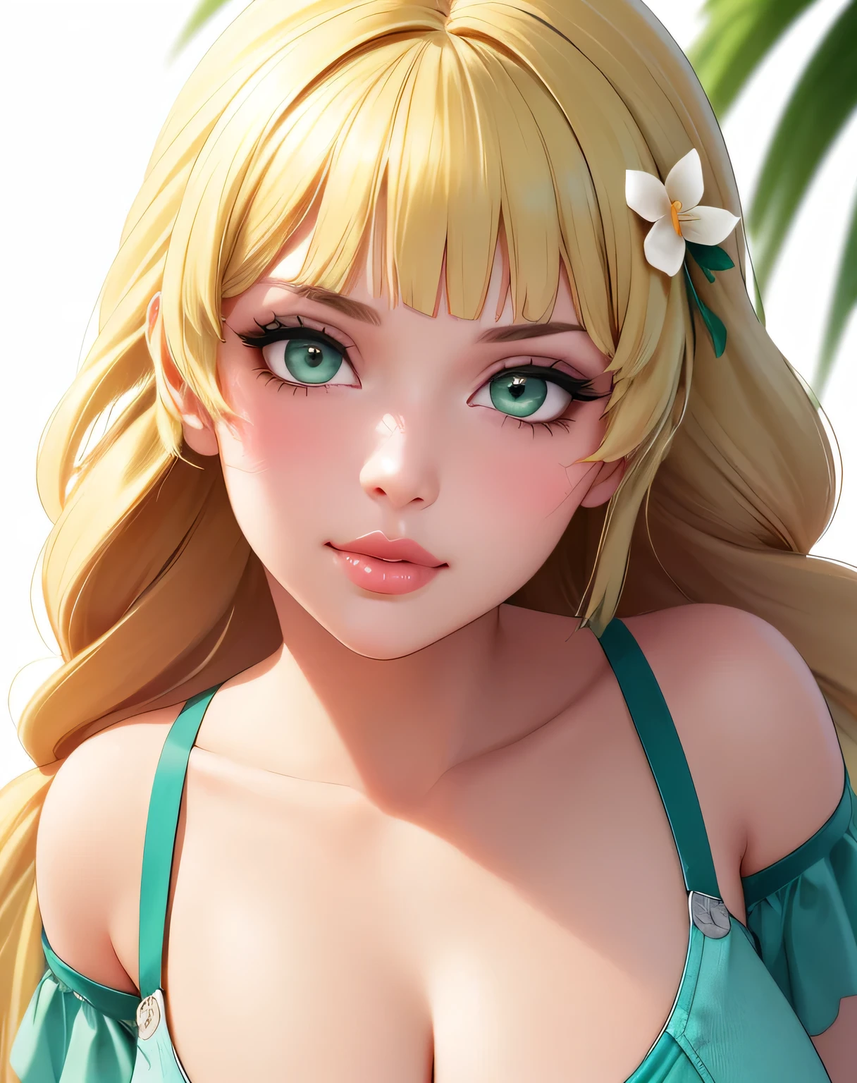 sumIngrid, bangs, hair flower, hair ornament, braided ponytail, cleavage, green bikini, off-shoulder, green shorts, green bow, (masterpiece, best quality, ultra-detailed), realistic style, very close up shot 2.0, beach 2.0, looking at viewer 2.0, perfect eyes 2.0, blushing, upper body shot 2.0, very close up shot 2.0, upper body shot 2.0, very close up shot 2.0, cute nose, very sexy smile 2.0, very luscious lips 2.0, very heavy eyeshadow 2.0, very heavy makeup 2.0, round face, very thick lips 2.0, very glossy lips 2.0, very pouty lips 2.0, shiny skin, lustrous skin 2.0, plump lips 2.0, very sexy 2.0, very flirty 2.0, very pretty 2.0, very beautiful 2.0, upper body shot, very close up shot 2.0, facing viewer 2.0, looking at viewer 2.0, very sexy smile 2.0, very luscious lips 2.0, very heavy eyeshadow 2.0, very heavy makeup 2.0, round face, very thick lips 2.0, very glossy lips 2.0, very pouty lips 2.0, shiny skin, lustrous skin 2.0, plump lips 2.0, very sexy 2.0, very flirty 2.0, very pretty 2.0, very beautiful 2.0, very close up shot 2.0, upper body shot 2.0, very close up shot 2.0, very heavy eyeshadow 2.0, very heavy makeup 2.0, very thick lips 2.0, very glossy lips 2.0, very pouty lips 2.0, shiny skin, lustrous skin 2.0, plump lips 2.0, very sexy 2.0, very flirty 2.0, very pretty 2.0, very beautiful 2.0, very close up shot 2.0, upper body shot 2.0, very close up shot 2.0,  facing viewer 2.0, upper body shot 2.0, close up shot 2.0, facing viewer 2.0, very close up shot 2.0, very sexy 2.0, very sexy 2.0, upper body shot 2.0, very close up shot 2.0, very bimbo 2.0, very bimbo 2.0, very bimbo 2.0, very bimbo 2.0, very bimbo 2.0, very bimbo 2.0, facing viewer 2.0, very huge breasts 2.0, very huge breasts 2.0, very bimbo 2.0, very deep cleavage 2.0, very deep cleavage 2.0, very huge breasts 2.0, very deep cleavage 2.0, bare shoulders 2.0, very huge breasts 2.0, very deep cleavage 2.0, facing viewer, crawling 2.0, on all fours 2.0, facing viewer 2.0