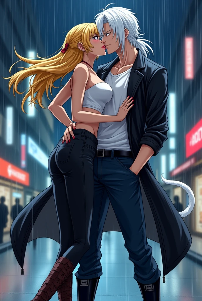 man,long straight white hair,Red eyes,White T-shirt,long black jacket,dark blue jean pants,black boots,white monkey tail,next to a woman with a seductive body,long yellow hair tied with a red ribbon,sky blue eyes,white short sleeveless shirt,black pants stuck to his legs,brown boots kissing passionately in a city in Japan at night in the rain(dragon ball style)