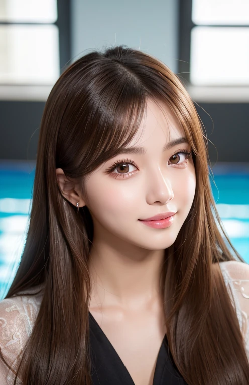 Latex bodysuit、Knee-high boots、Huge 、Long brown hair、Shiny, Oily skin、Glowing Skin、Indoor competition pool、White skin、(RAW Photos), (Realistic), (masterpiece), (Highest quality), High resolution, 8k resolution, (Intricate details), (Lightweight and voluminous), Portraiture, woman, Medium Hair, Straight hair, Layered Hair, Brown Hair, Highly detailed eye, Very thin eyebrows, Highly detailed skin, Highly detailed mouth, Highly detailed nose, Cute like an idol, smile, ((Thick lips)), ((look into the viewer&#39;eye)), (Shapely breasts), (Cleavage), , (Westshot), Bright cafe terrace background with city view, Randomly oriented bodies