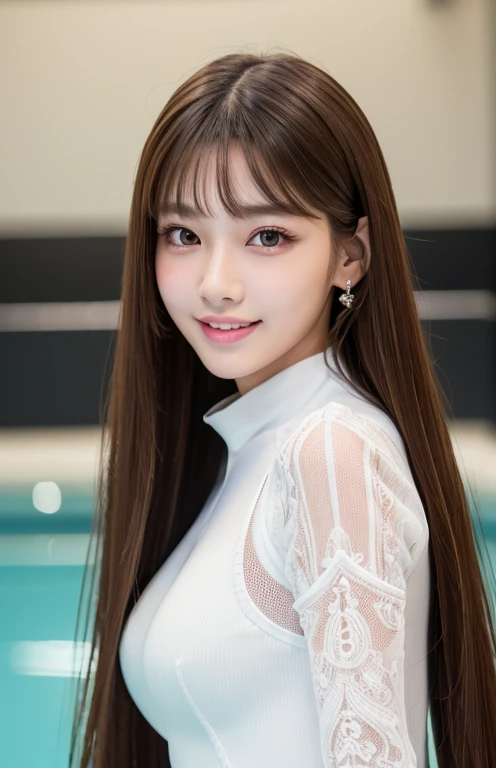 Latex bodysuit、Knee-high boots、Huge 、Long brown hair、Shiny, Oily skin、Glowing Skin、Indoor competition pool、White skin、(RAW Photos), (Realistic), (masterpiece), (Highest quality), High resolution, 8k resolution, (Intricate details), (Lightweight and voluminous), Portraiture, woman, Medium Hair, Straight hair, Layered Hair, Brown Hair, Highly detailed eye, Very thin eyebrows, Highly detailed skin, Highly detailed mouth, Highly detailed nose, Cute like an idol, smile, ((Thick lips)), ((look into the viewer'eye)), (Shapely breasts), (Cleavage), , (Westshot), Bright cafe terrace background with city view, Randomly oriented bodies