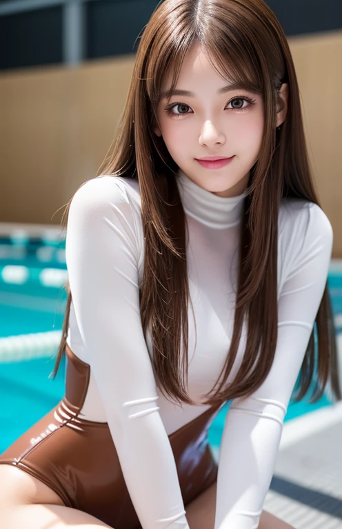 Latex bodysuit、Knee-high boots、Huge 、Long brown hair、Shiny, Oily skin、Glowing Skin、Indoor competition pool、White skin、(RAW Photos), (Realistic), (masterpiece), (Highest quality), High resolution, 8k resolution, (Intricate details), (Lightweight and voluminous), Portraiture, woman, Medium Hair, Straight hair, Layered Hair, Brown Hair, Highly detailed eye, Very thin eyebrows, Highly detailed skin, Highly detailed mouth, Highly detailed nose, Cute like an idol, smile, ((Thick lips)), ((look into the viewer'eye)), (Shapely breasts), (Cleavage), , (Westshot), Bright cafe terrace background with city view, Randomly oriented bodies